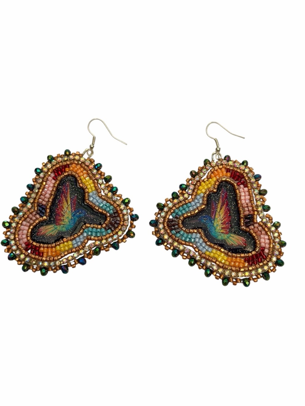 Handmade Beaded Hummingbird Heart Earrings Boho Statement 2.5” Artisan
